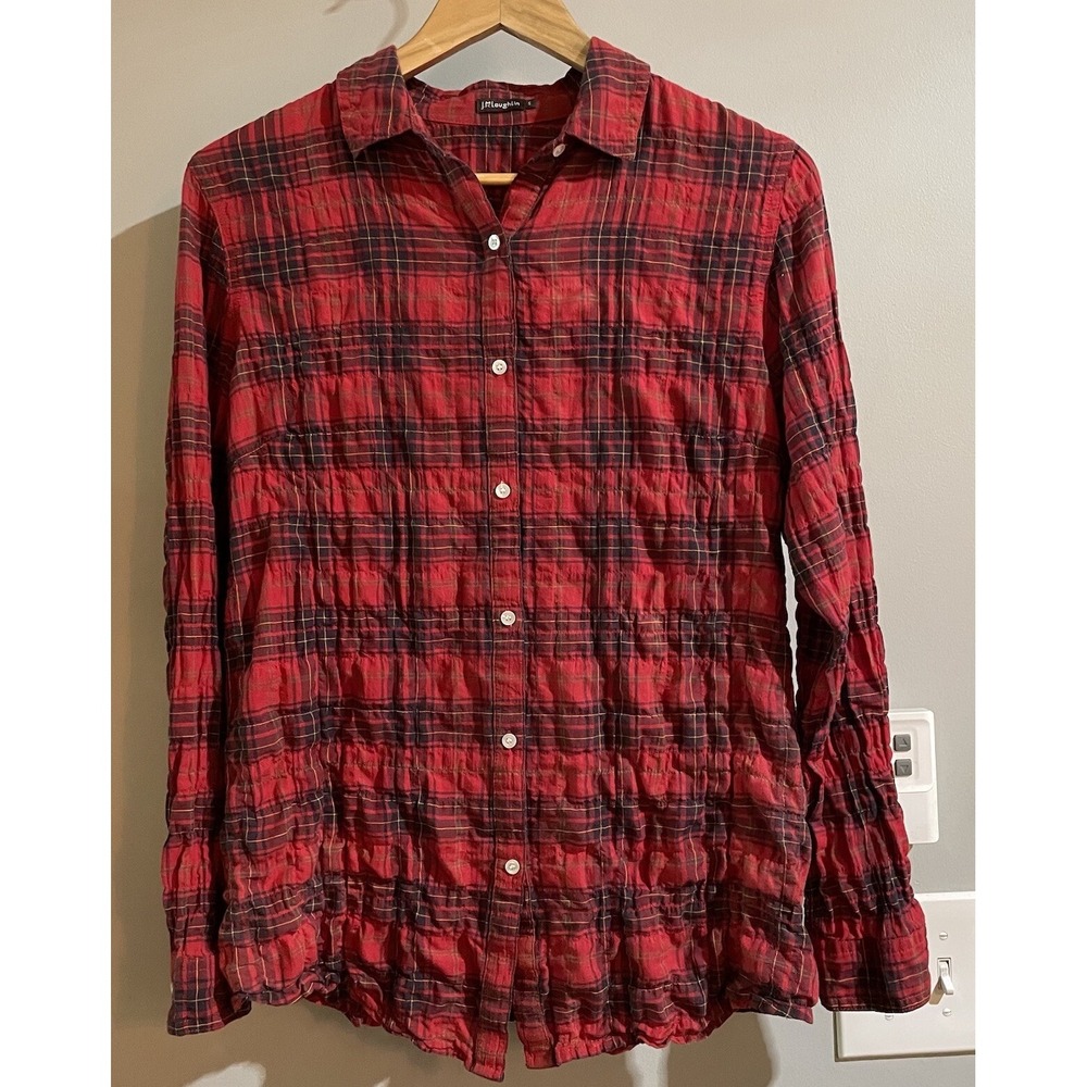 J McLaughlin Top Long Sleeve Red Plaid Button Up Crinkled Cotton Small‎